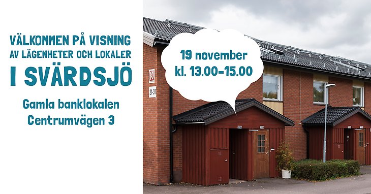Huslänga med tegelröda lägenheter och information om visningsevent 19 november.