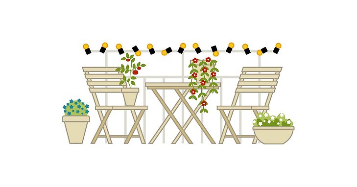 En illustration över en inredd balkong med cafégrupp, ljusslingor och blommor.