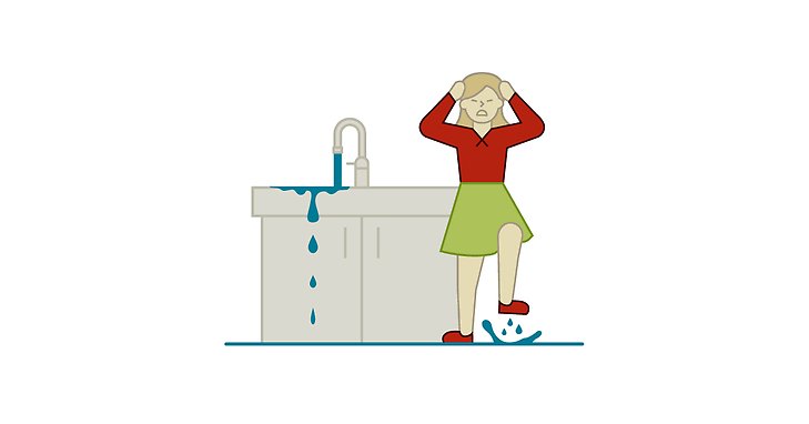 En illustration över en kvinna som ser besvärad ut för att vattnet rinner över i diskhon.