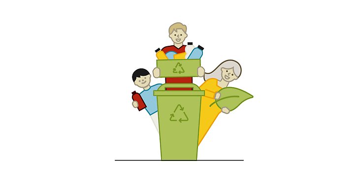En illustration över tre personer som tittar fram bakom en soptunna. Två av personerna håller i förpackningar som ska återvinnas och den tredje håller i ett löv som en symbol för ekologisk hållbarhet.